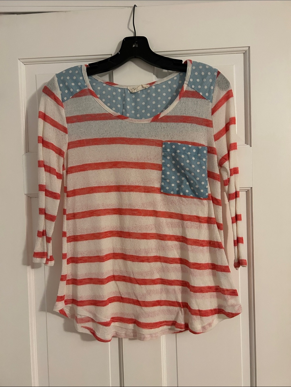 Striped Red & White 3/4 Sleeve Top with Polka Dot Pocket